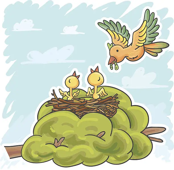 Vector illustration of Mother bird feeding baby birds