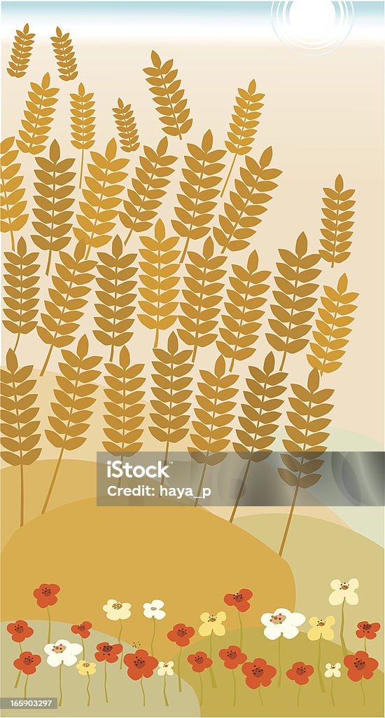 Поле пшеницы и цветы в летний день - Векторная графика Векторная графика роялти-фри