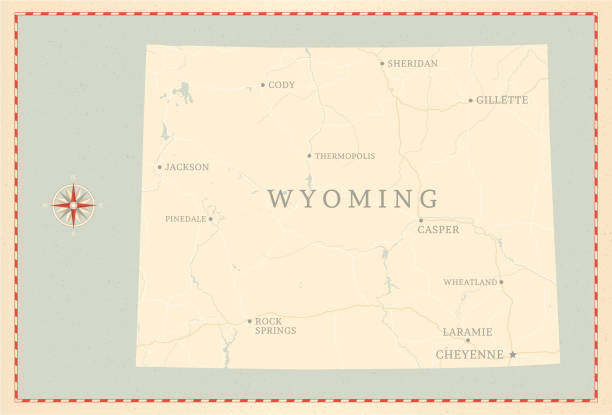 A vintage-style map of Wyoming with freeways, highways and major cities. Shoreline, lakes and rivers are very detailed. Includes an EPS and JPG of the map without roads and cities. Texture, compass, cities, etc. are on separate layers for easy removal or changes. 