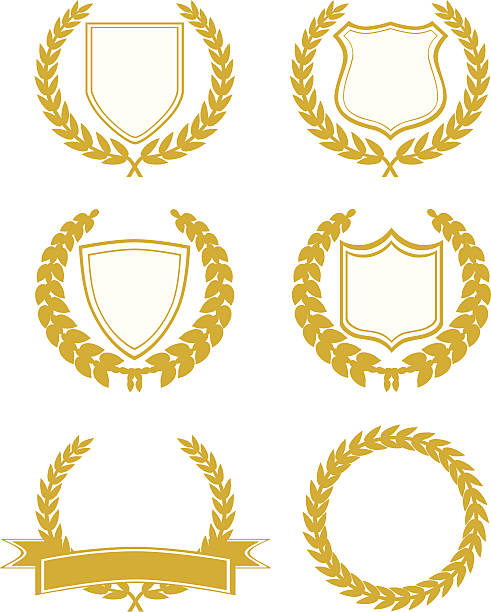 Shields And Badges Set of shields and badges with laurel wreaths in gold. laurel maryland stock illustrations