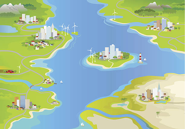 Landscape Landscape with windmills, cities and an island in the middle of the sea. wind farm sea stock illustrations