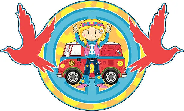 Vector illustration of Hippie Girl & Camper Van with Doves