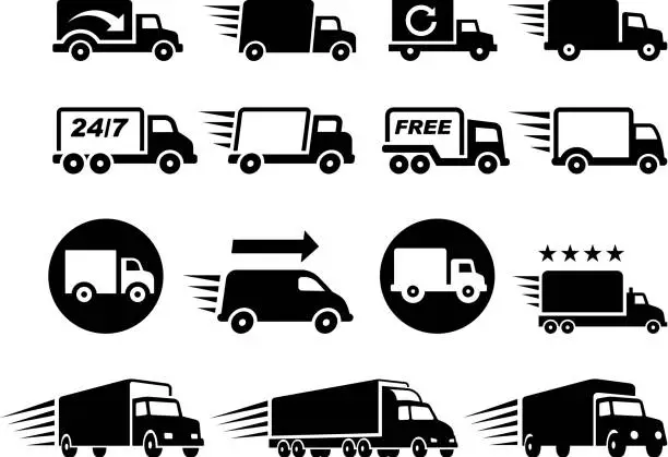 Vector illustration of Free Delivery Trucks black and white vector icon set