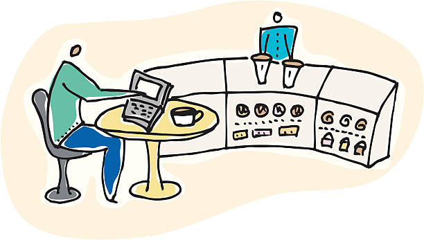 Laptop at Coffee Shop vector art illustration