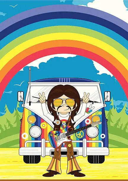 Vector illustration of Hippie Boy & Camper Van Scene