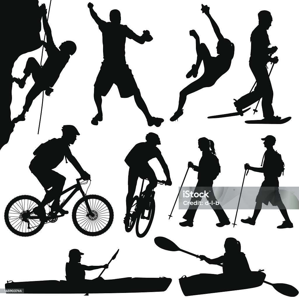 Les gens de l'outdoor de randonnée et de vélo, le kayak, d'escalade et de la randonnée en raquettes - clipart vectoriel de Personne humaine libre de droits