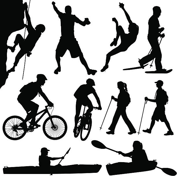 Outdoors People Hiking Kayaking Climbing Biking And Snowshoeing "Vector illustration silhouettes of people hiking, kayaking, climbing, biking and snowshoeing." female mountain biker silhouette stock illustrations