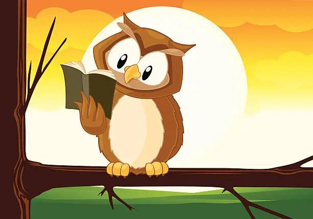 Vector illustration of Wise Owl in a tree Reading
