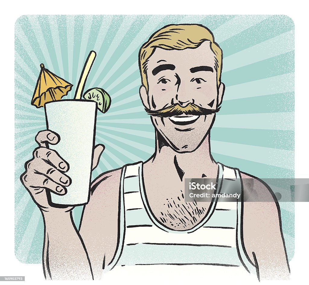 RETRO SUMMER WITH MIXED DRINK THIS SWELL GUYS GOT THE RIGHT IDEA, DRINKING AT THE BEACH.  Mustache stock vector