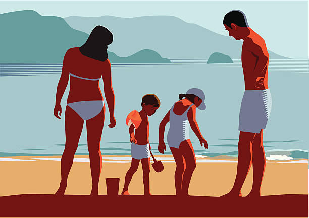 illustrations, cliparts, dessins animés et icônes de vacances en famille sur la plage - ankle deep in water