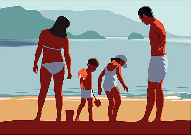 ilustrações de stock, clip art, desenhos animados e ícones de família de férias de praia - ankle deep in water