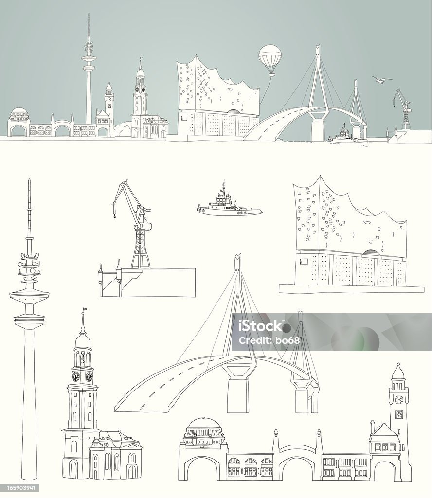 Rys Hamburg-z widokiem na panoramę przystani - Grafika wektorowa royalty-free (Hamburg - Niemcy)