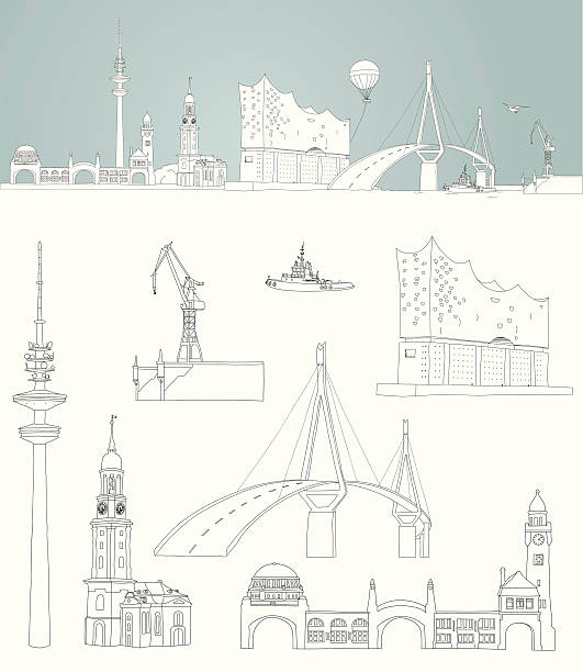 sketch of Hamburg -  harbour skyline Hand draw skyline of Hamburg with Monuments and the port of Hamburg  köhlbrandbrücke stock illustrations