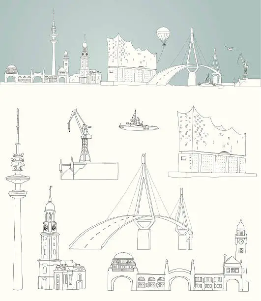 Vector illustration of sketch of Hamburg -  harbour skyline