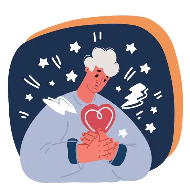 Vector illustration of Cartoon vector illustration of Unwell man feel sick suffer from heart stroke. Sick unhappy guy touch upper chest having cardiovascular problems need doctor help. Healthcare and medicine.