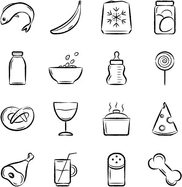 Vector illustration of Set of 16 Black food icons on white background