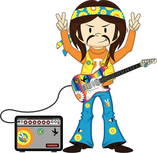 Vector illustration of Headband Hippie Boy with Guitar & Amp