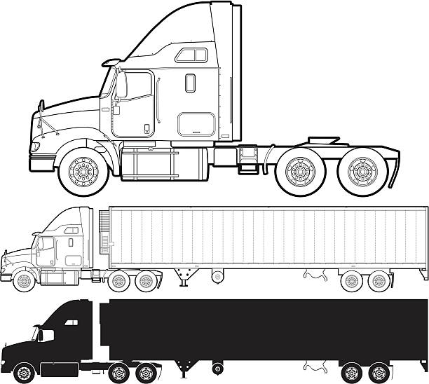 Truck Line art and silhouette version of a semi-truck. truck silhouettes stock illustrations