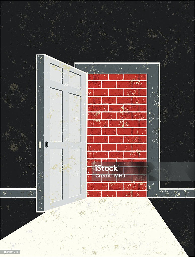 Apri la porta e porta di apertura in un muro di mattoni - arte vettoriale royalty-free di Proteggersi
