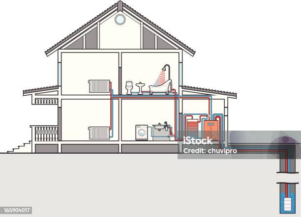 Ilustración de Sistema De Calefacción Y Agua Caliente y más Vectores Libres de Derechos de Casa - Casa, Dibujo de corte, Radiador