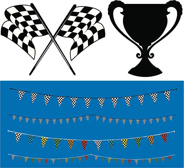 Vector illustration of Race Checkered Flag, Trophy and Bunting