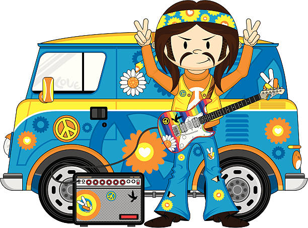 Hippie Boy with Guitar & Camper Van Vector illustration of a cute little Peace Sign Hippie boy with Electric Guitar and Amplifier by Camper van. social awareness symbol audio stock illustrations