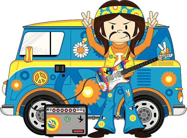 Vector illustration of Hippie Boy with Guitar & Camper Van
