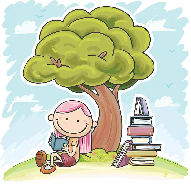 Vector illustration of Cartoon of a young girl with pink hair reading under a tree