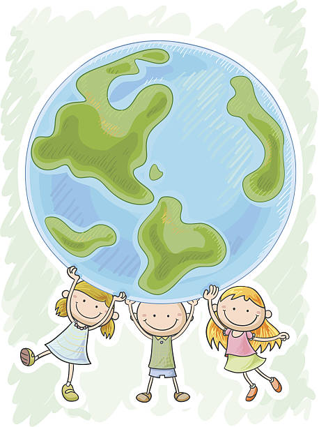 illustrations, cliparts, dessins animés et icônes de trois petits enfants se protéger la planète - posing earth planet map