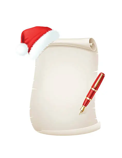 Vector illustration of Christmas Scroll with Santa Hat and Pen