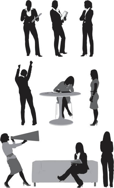 ilustrações de stock, clip art, desenhos animados e ícones de buisiness executivos dando diferentes actividades - cheering men shouting silhouette