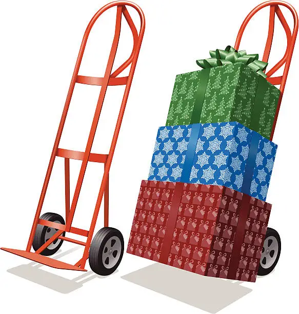 Vector illustration of Christmas Presents on a Shipping Hand Truck