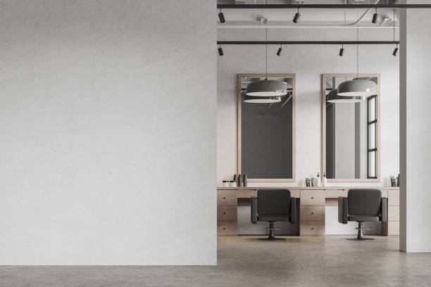 istock White barber shop interior with barber chairs and blank wall 1659043918