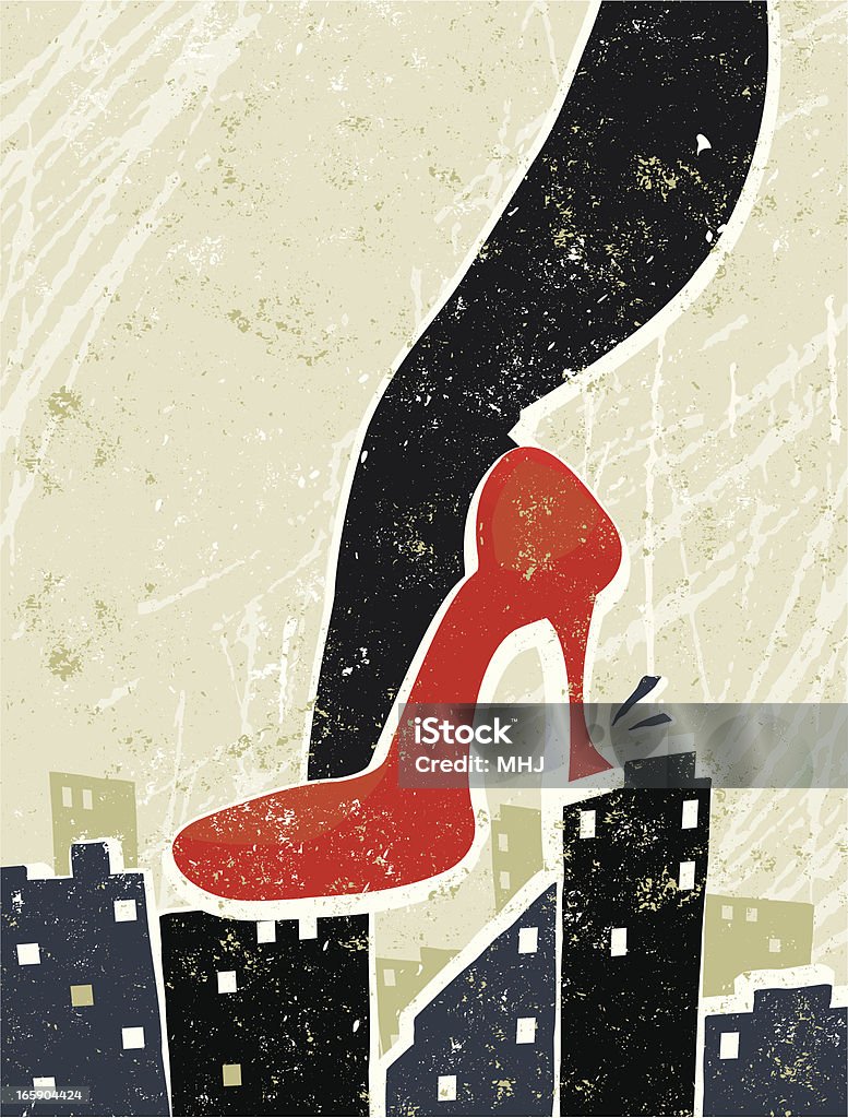 Giant dla kobiecej stopy zgniatania z widokiem na panoramę miasta - Grafika wektorowa royalty-free (Spacerować)