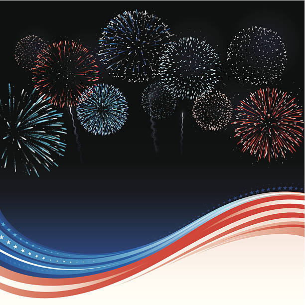 4th of July fireworks Fireworks above American wave pattern firework explosive material illustrations stock illustrations