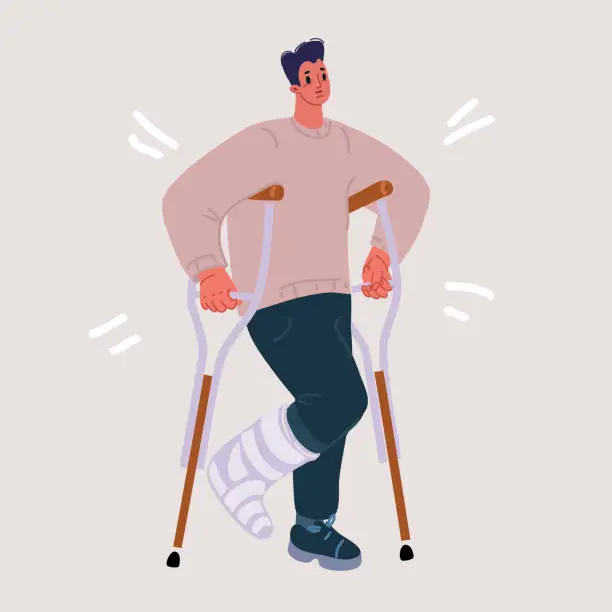 Vector illustration of Vector illustration of Man walking with broken leg in cast with crutches. Rehabilitation and treatment after accident.