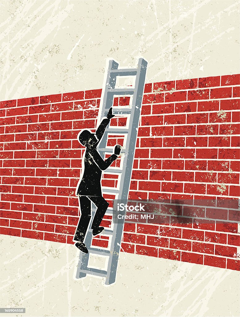 Hombre Climbing escalera de una pared de ladrillos - arte vectorial de Arriba de libre de derechos