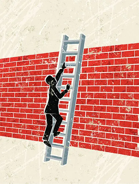 Vector illustration of Man Climbing Ladder Over a brick Wall