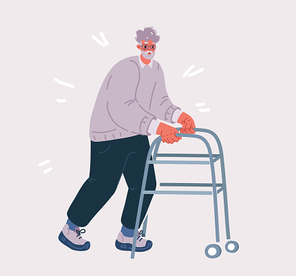 Cartoon vector illustration of Old man walking with rollator.