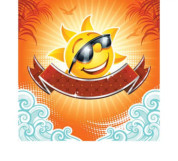 Vector illustration of A vector cartoon of a summer background with a sun