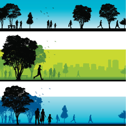 Silhouetted people walking in park in three different landscape scenes.
