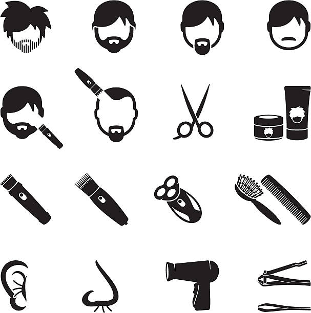 ilustrações, clipart, desenhos animados e ícones de ícones de beleza para homens - hair care hairbrush hair dryer human hair