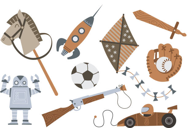 ilustraciones, imágenes clip art, dibujos animados e iconos de stock de caballo de juguete de madera vintage cohete kite espada shotgun de robot - baseball glove baseball baseballs old fashioned