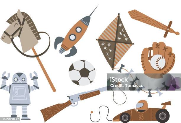 Vintage Wooden Toys Horse Rocket Kite Sword Shotgun Robot Car Stock Illustration - Download Image Now