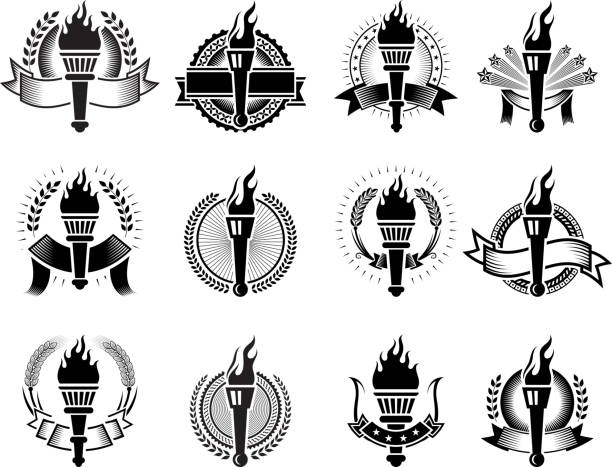 ilustrações de stock, clip art, desenhos animados e ícones de torch emblemas preto e branco vector conjunto de ícones royalty free - flaming torch flame fire symbol