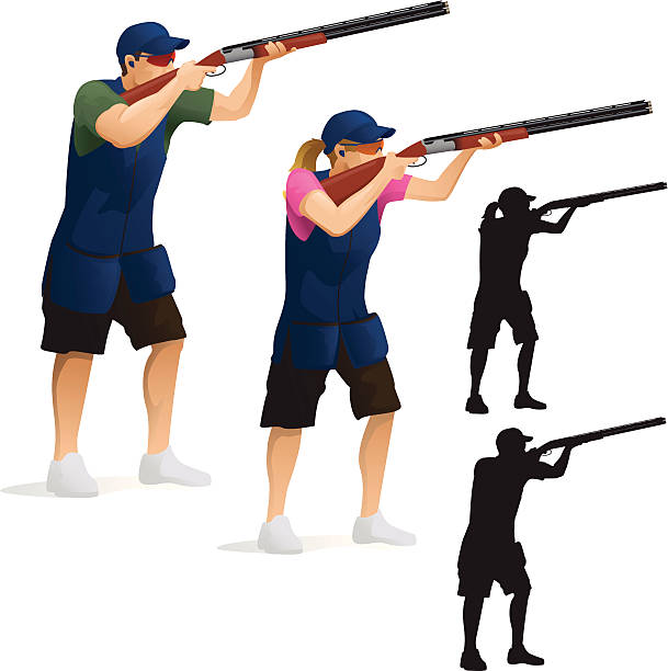 Skeet Shooting Stylised illustration of a shooter skeet shooting. Layered and grouped for ease of use. Download includes EPS8 vector file and hi-res jpeg. bang icon stock illustrations