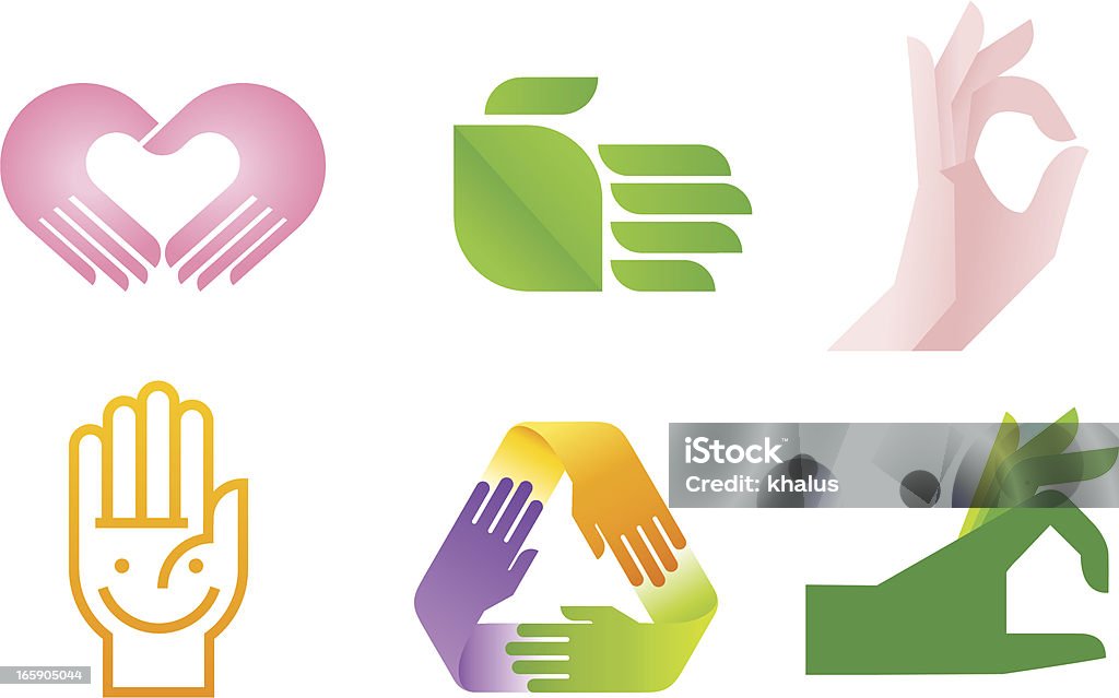 Hand Symbol Vector illustration of hand stylized like house, heart, smile, leaf, OK and recycle. Recycling stock vector