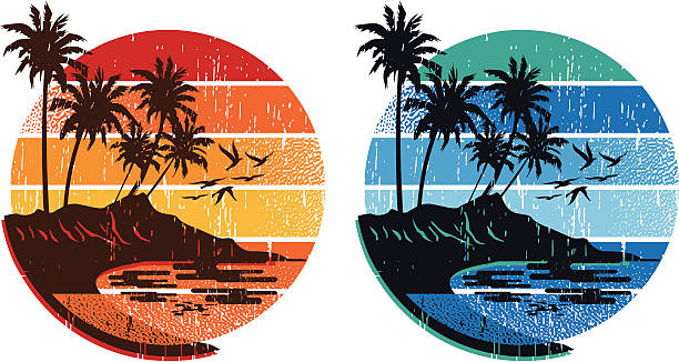 island frame hawaiian surf composition, made with grunge technique. Plain colors bay of water illustrations stock illustrations