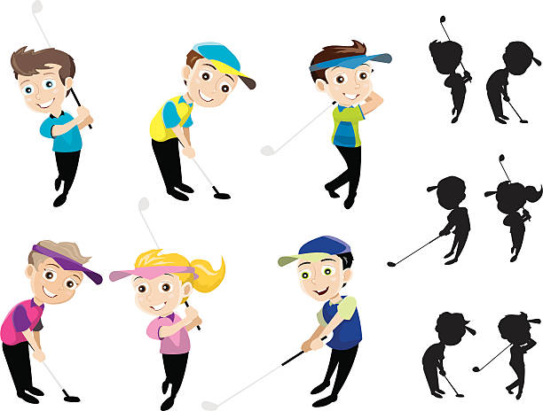 illustrations, cliparts, dessins animés et icônes de parcours de golf pour enfants - swing child silhouette swinging