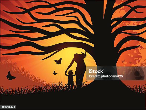 Mutter Und Kleines Mädchen Unter Einem Baum Stock Vektor Art und mehr Bilder von Mutter - Mutter, Bildhintergrund, Familie